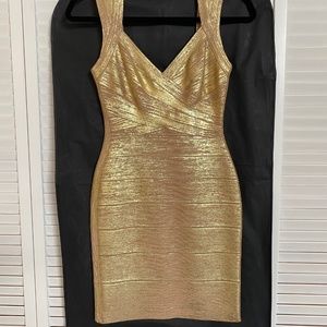 HERVE LEGER “Iman” Bandage Dress — Gold Champagne | Size S | NWT